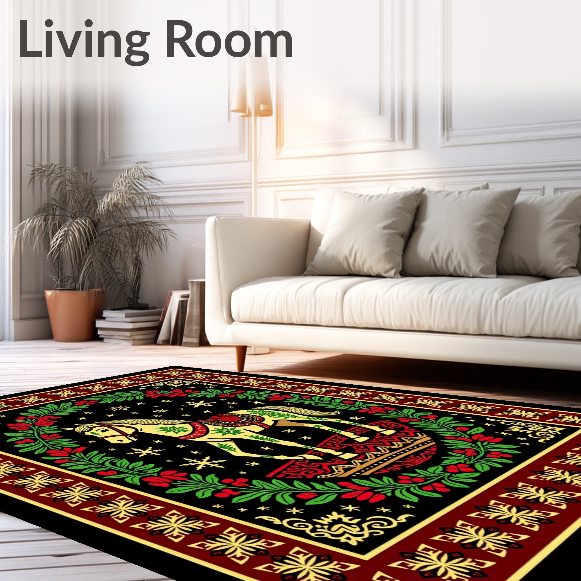 Golden Horse Floral Wreath Festive Rug