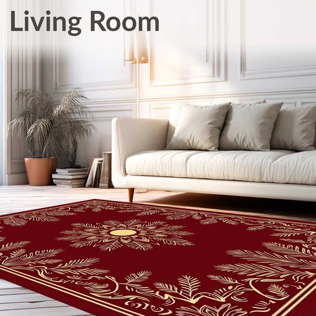 Crimson Gold Leaf Scrollwork Center Medallion Rug