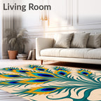 Vibrant Teal Gold Peacock Feather Rug