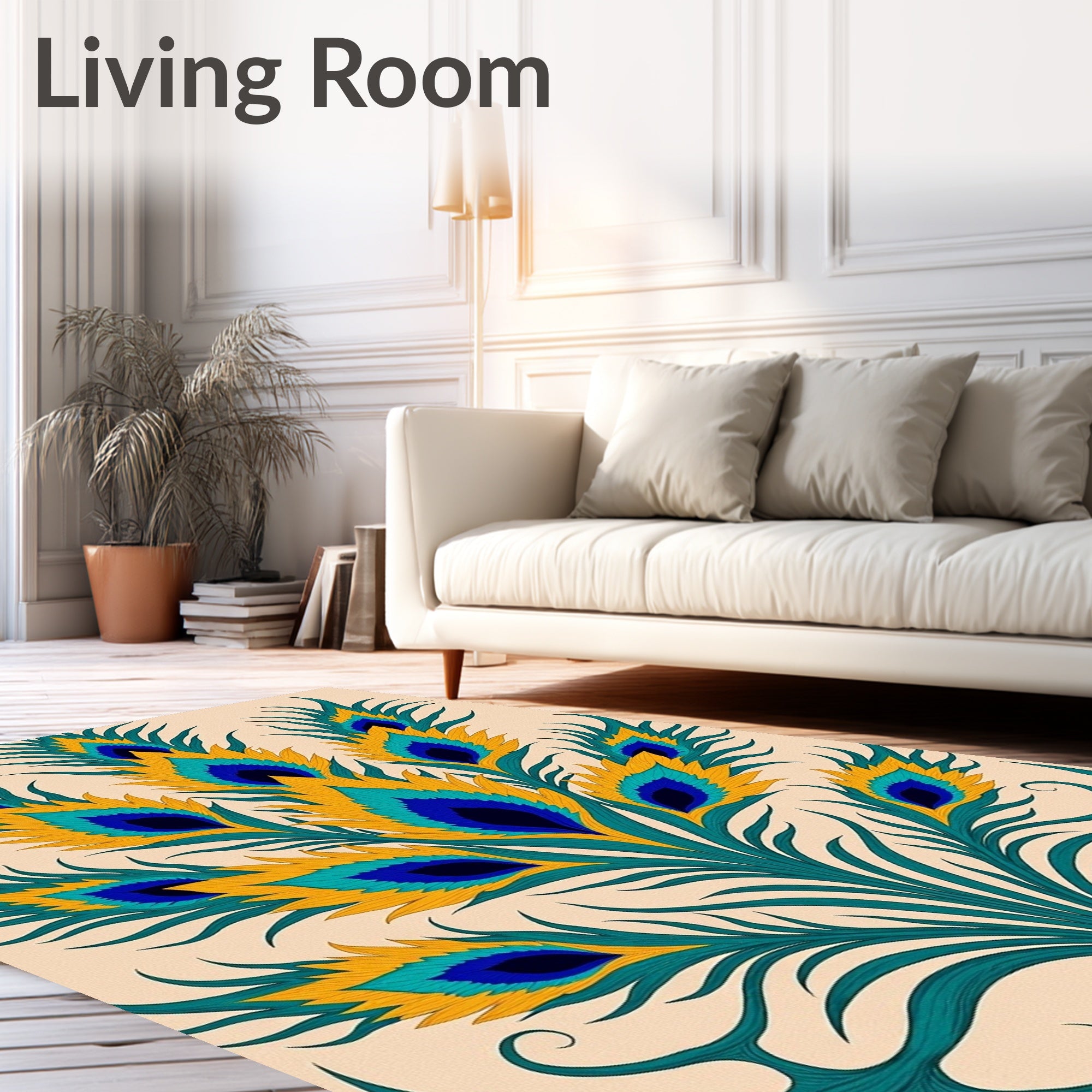 Vibrant Teal Gold Peacock Feather Rug
