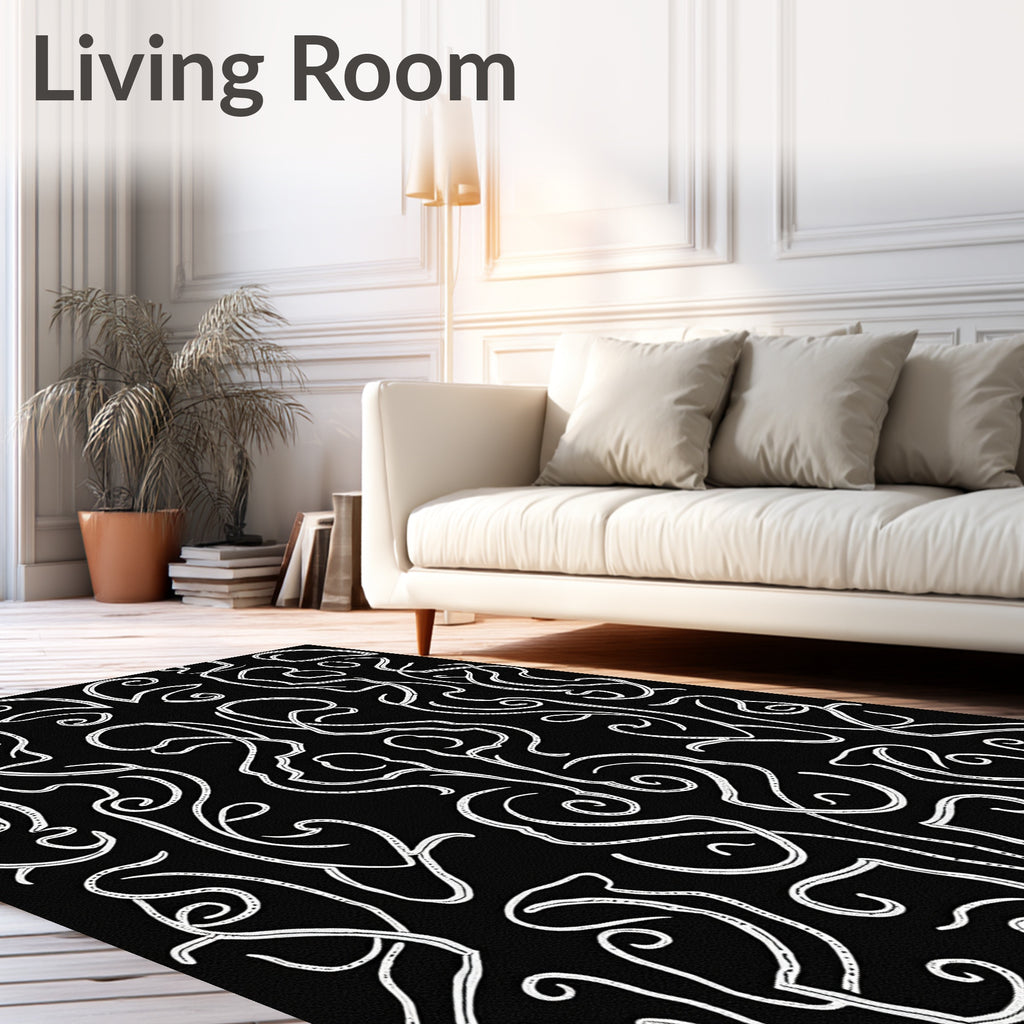 Organic White Swirls Black Textured Rug