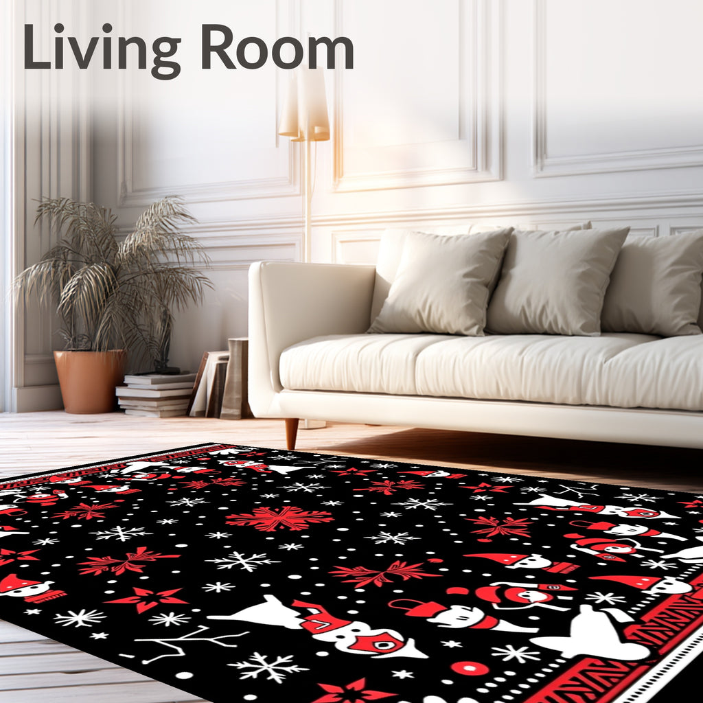 Red White Black Whimsical Elves Snowflakes Rug