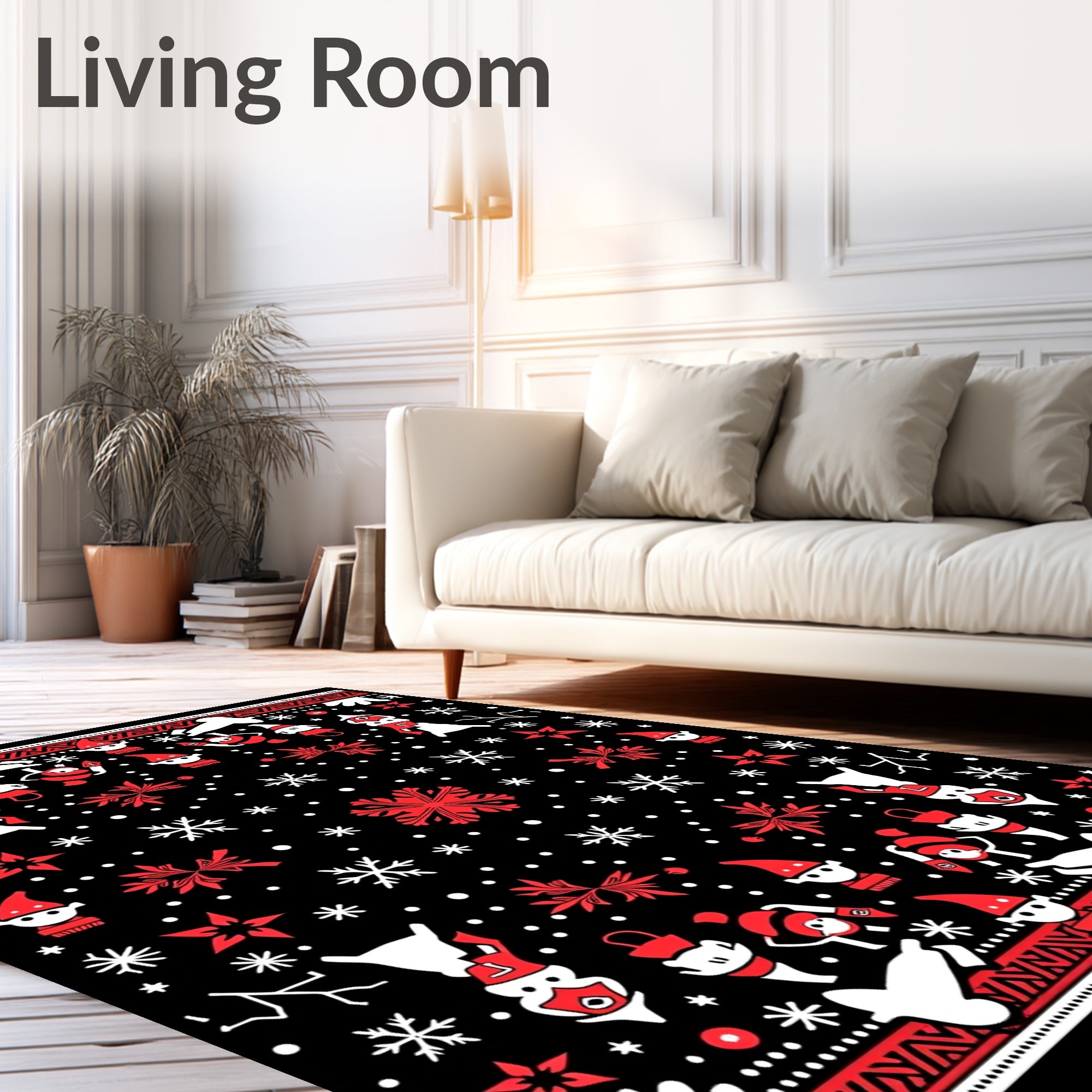 Red White Black Whimsical Elves Snowflakes Rug