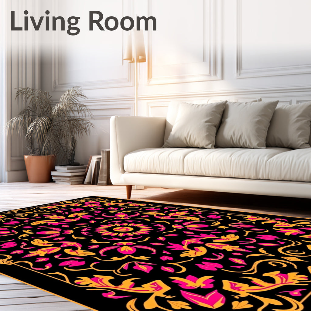 Vibrant Pink Gold Floral Scroll Rug