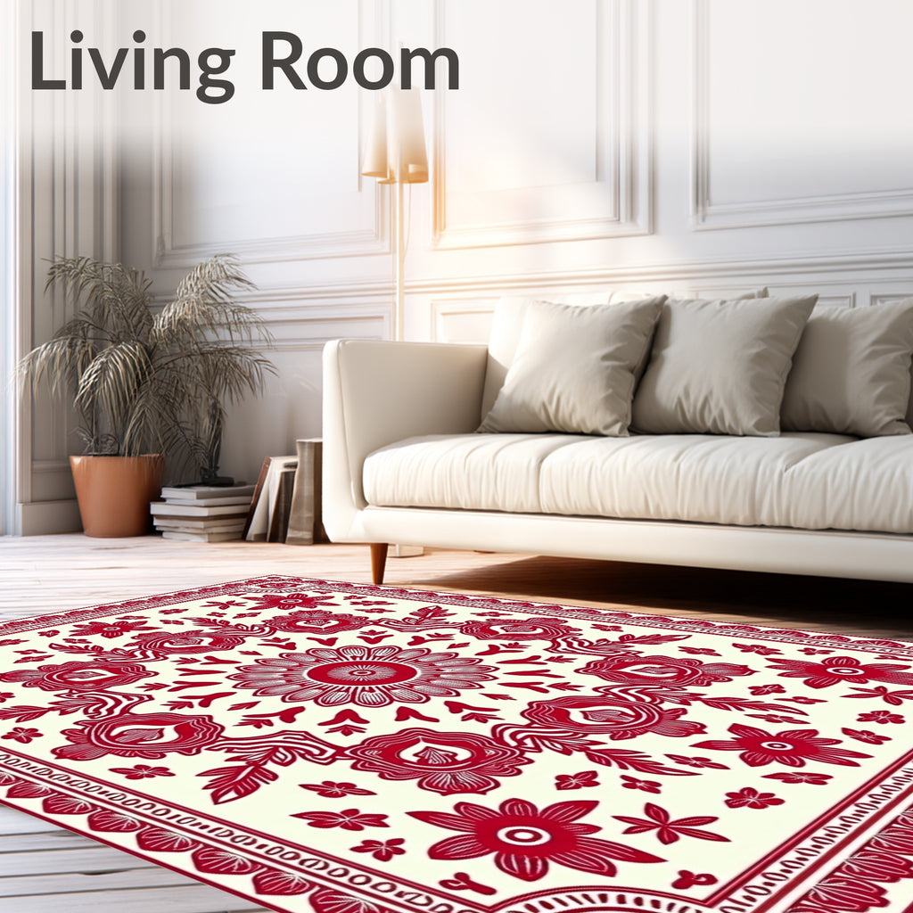 Bold Crimson Floral Mandala Rug