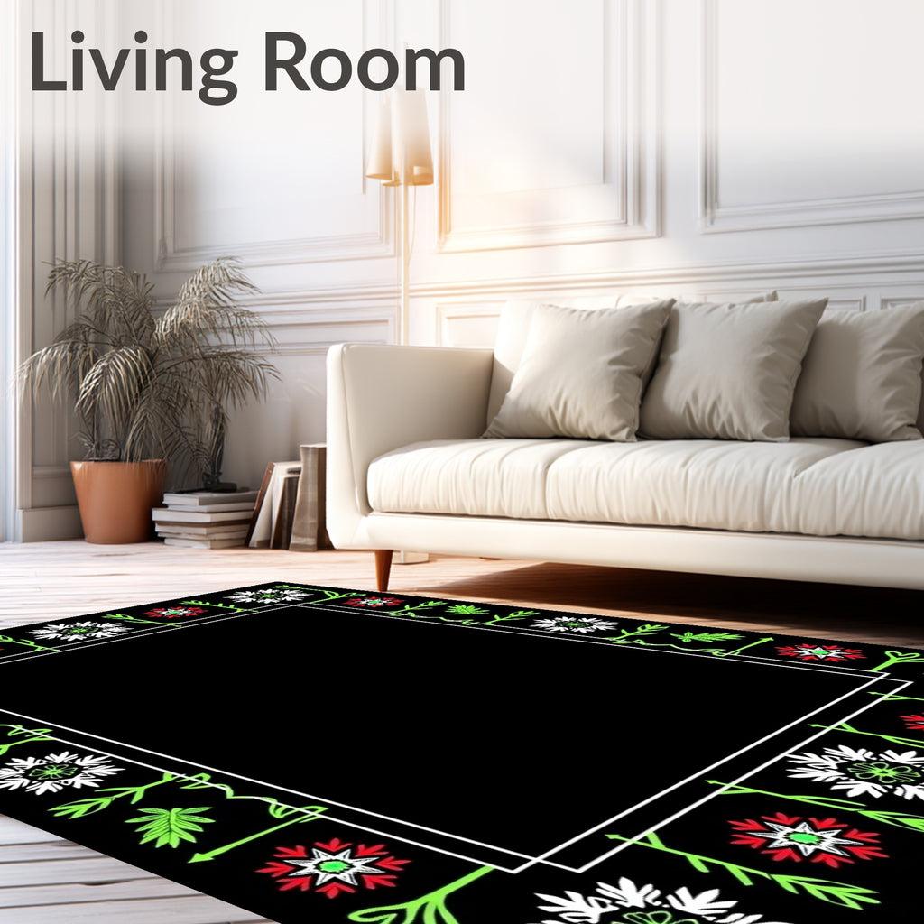 Bold Floral Border Red White Green Rug