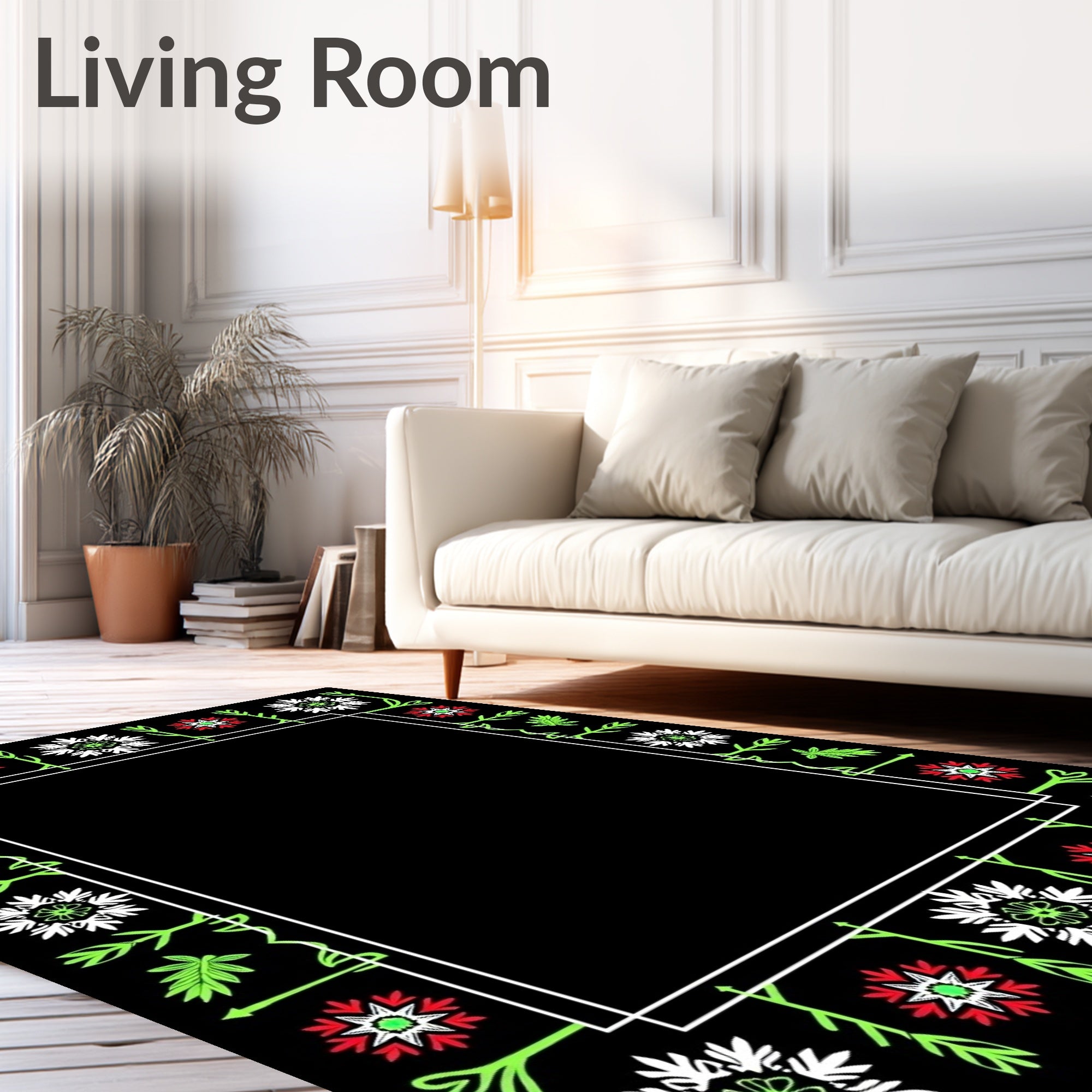 Bold Floral Border Red White Green Rug
