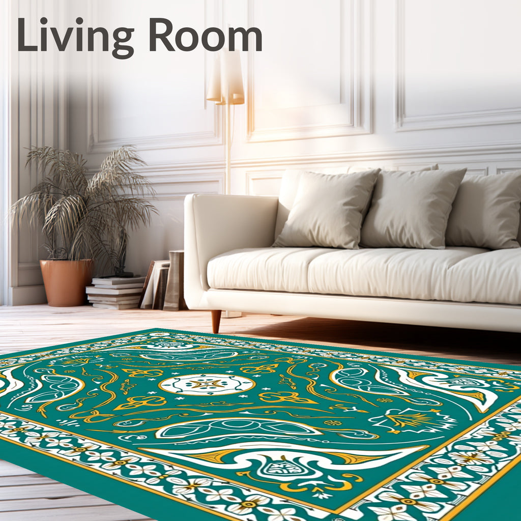 Emerald Gold White Geometric Medallion Art Rug