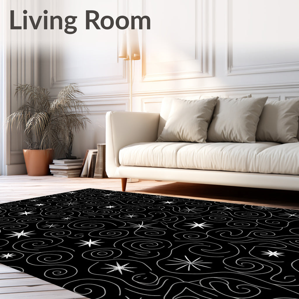 Black White Cosmic Swirl Star Rug