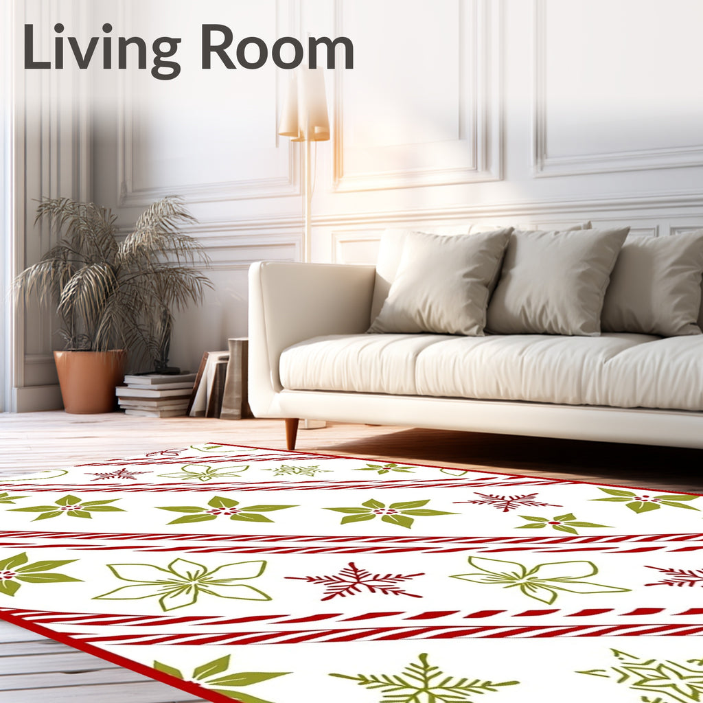 Red Green Poinsettia Snowflake Stripes Rug