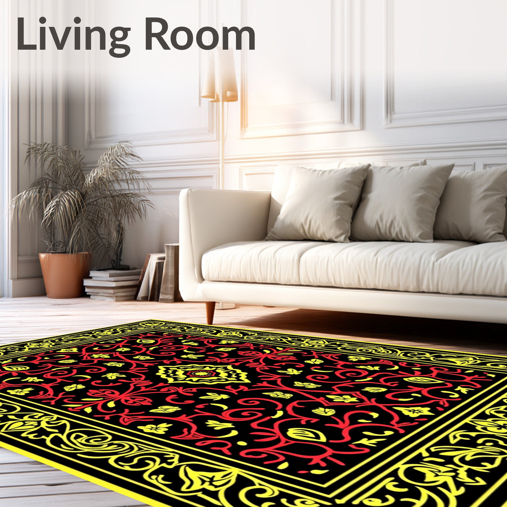 Red Yellow Floral Scroll Lattice Rug