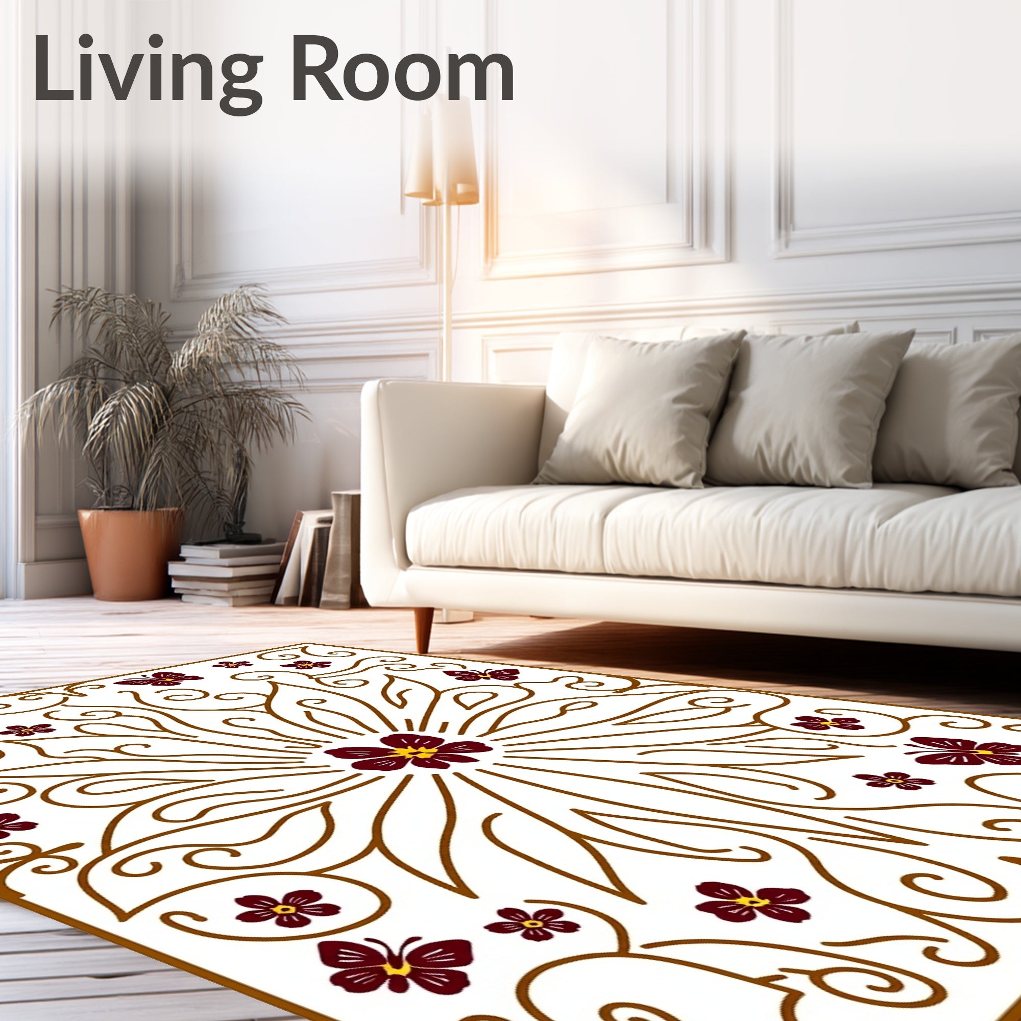 Maroon Butterfly Floral Swirl Scroll Rug