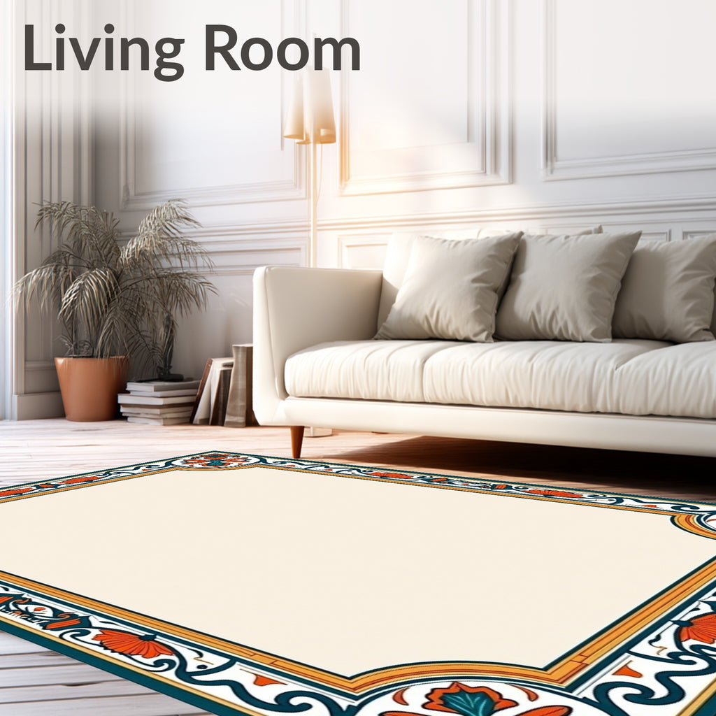 Orange Teal Floral Scroll Frame Rug