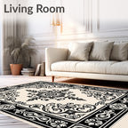 Vintage Black Floral Medallion Border Rug