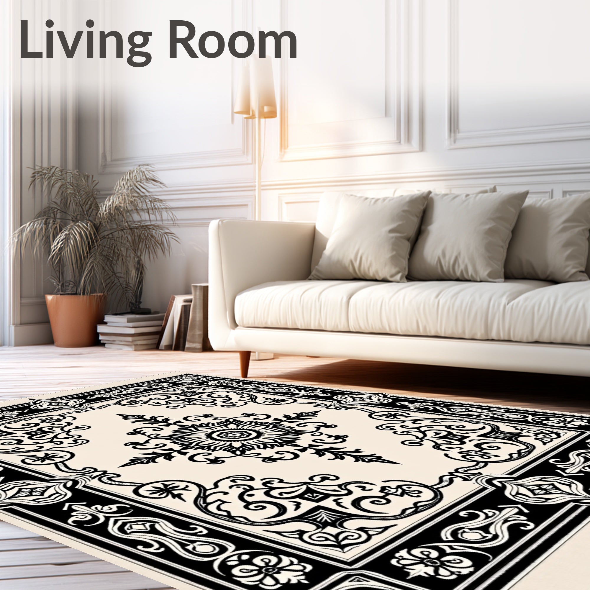 Vintage Black Floral Medallion Border Rug