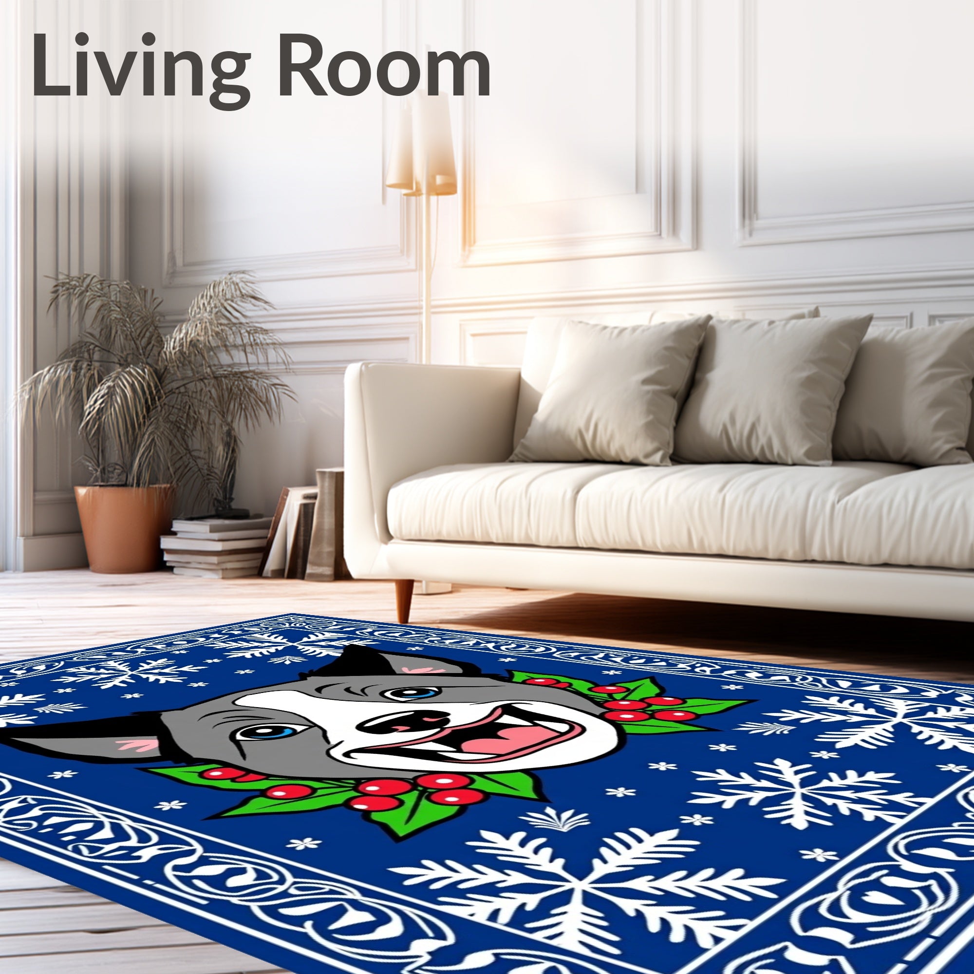 Blue Snowflake Dog Holly Border Rug