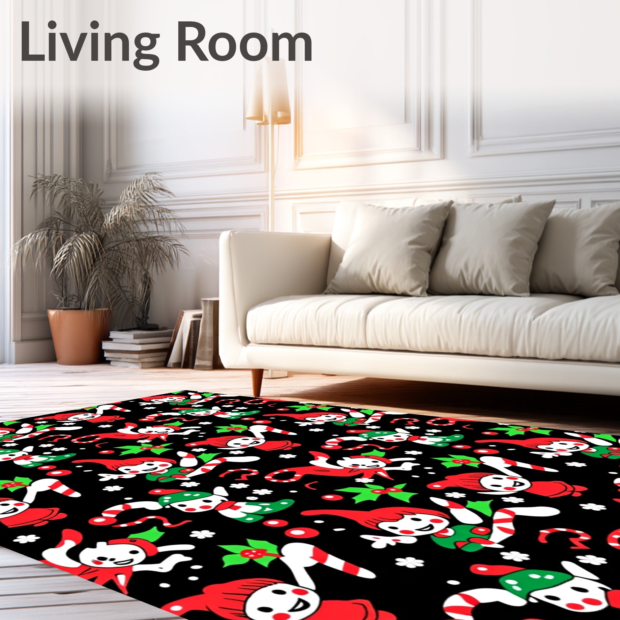 Festive Elves with Candy Canes Black Rug