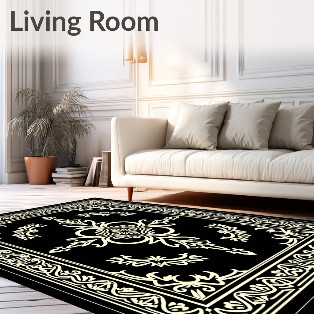Black Cream Ivory Intricate Scroll Frame Rug