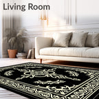 Black Cream Ivory Intricate Scroll Frame Rug