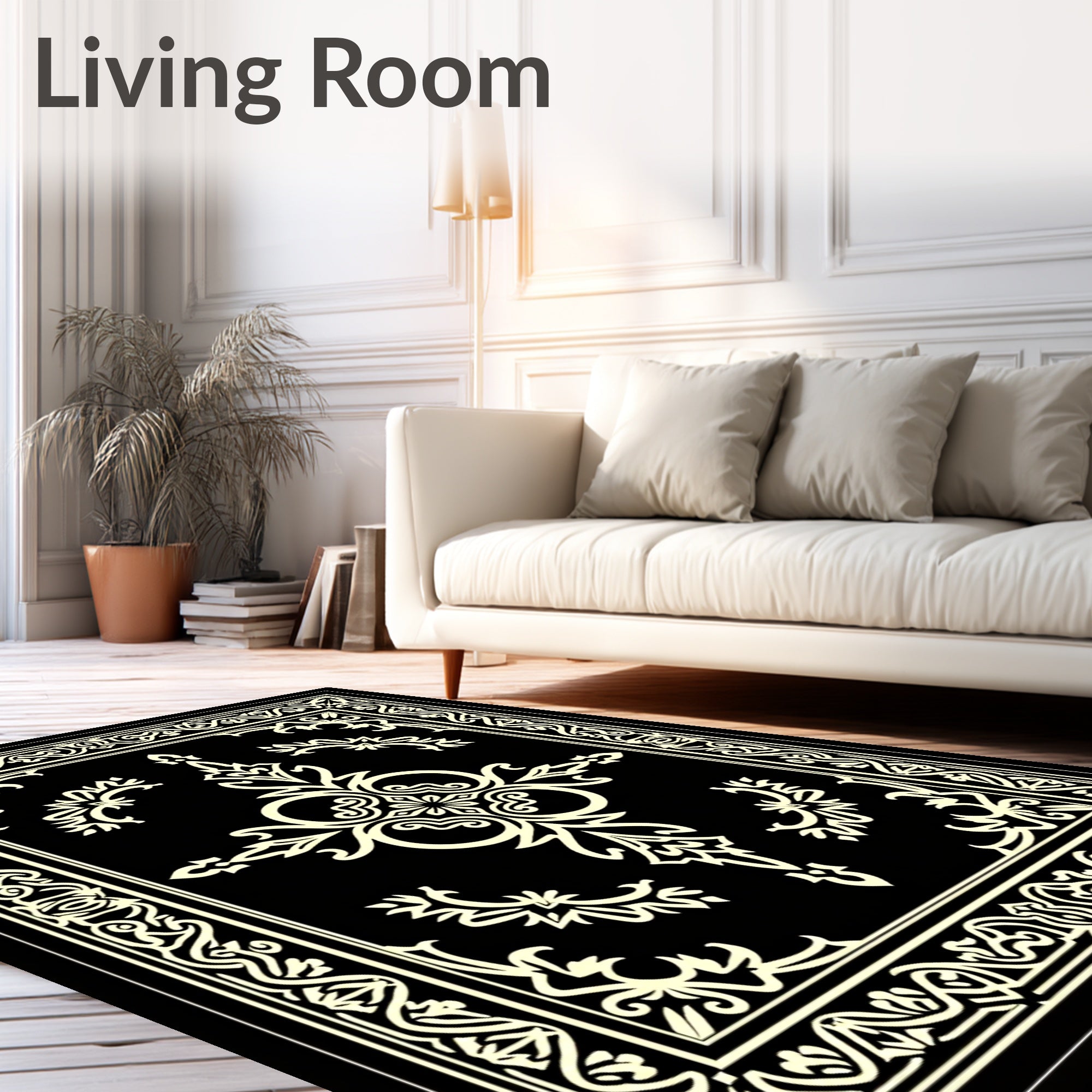 Black Cream Ivory Intricate Scroll Frame Rug