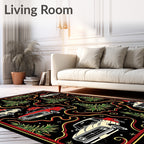 Festive Red Cream Car Christmas Scene Rug