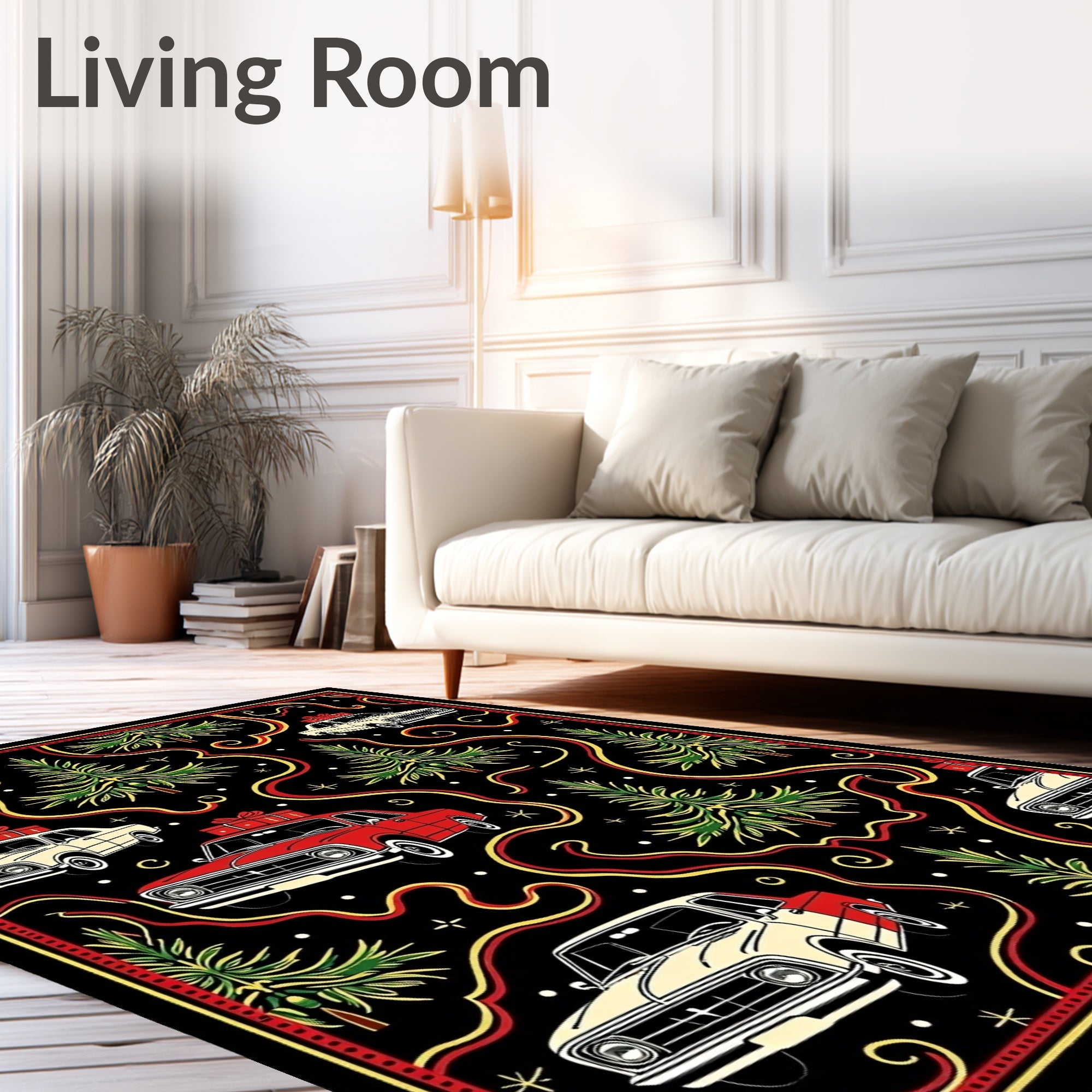 Festive Red Cream Car Christmas Scene Rug
