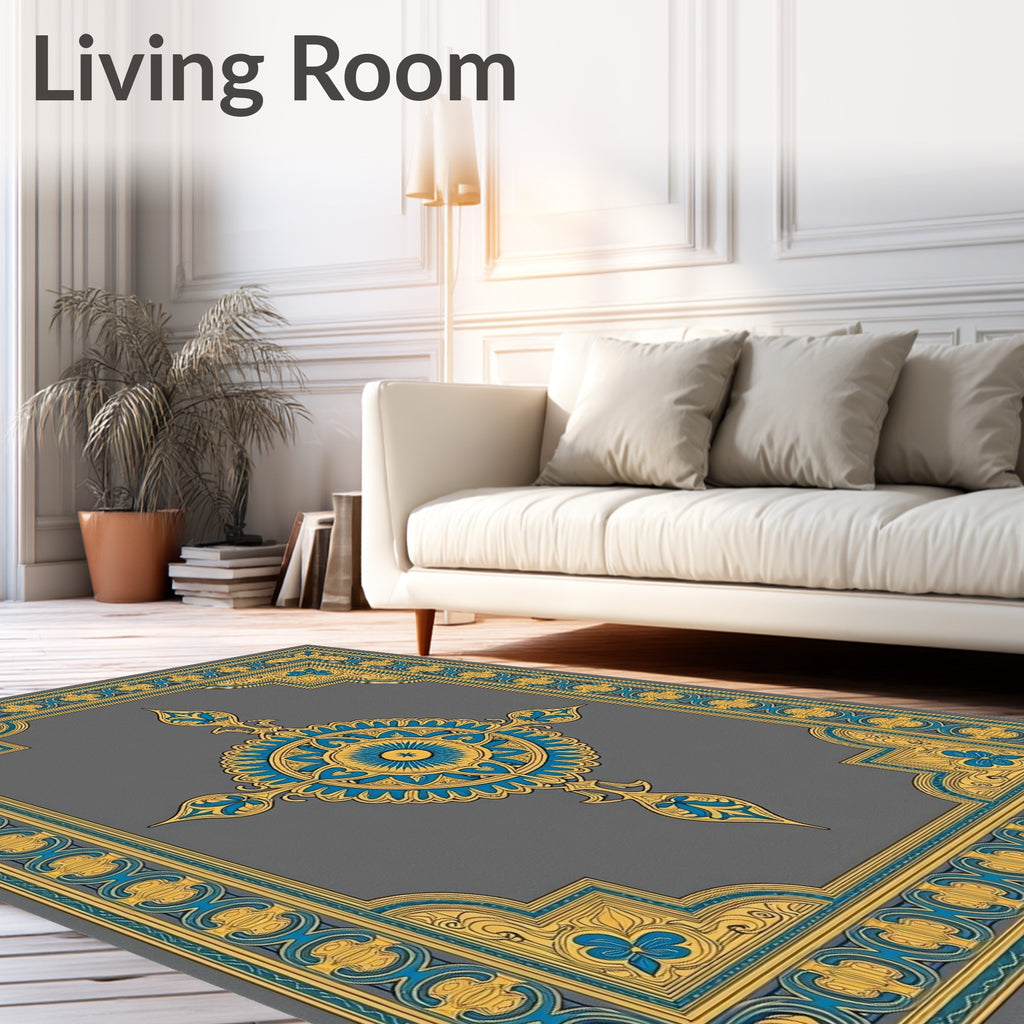 Golden Blue Floral Medallion Frame Rug