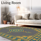 Golden Blue Floral Medallion Frame Rug