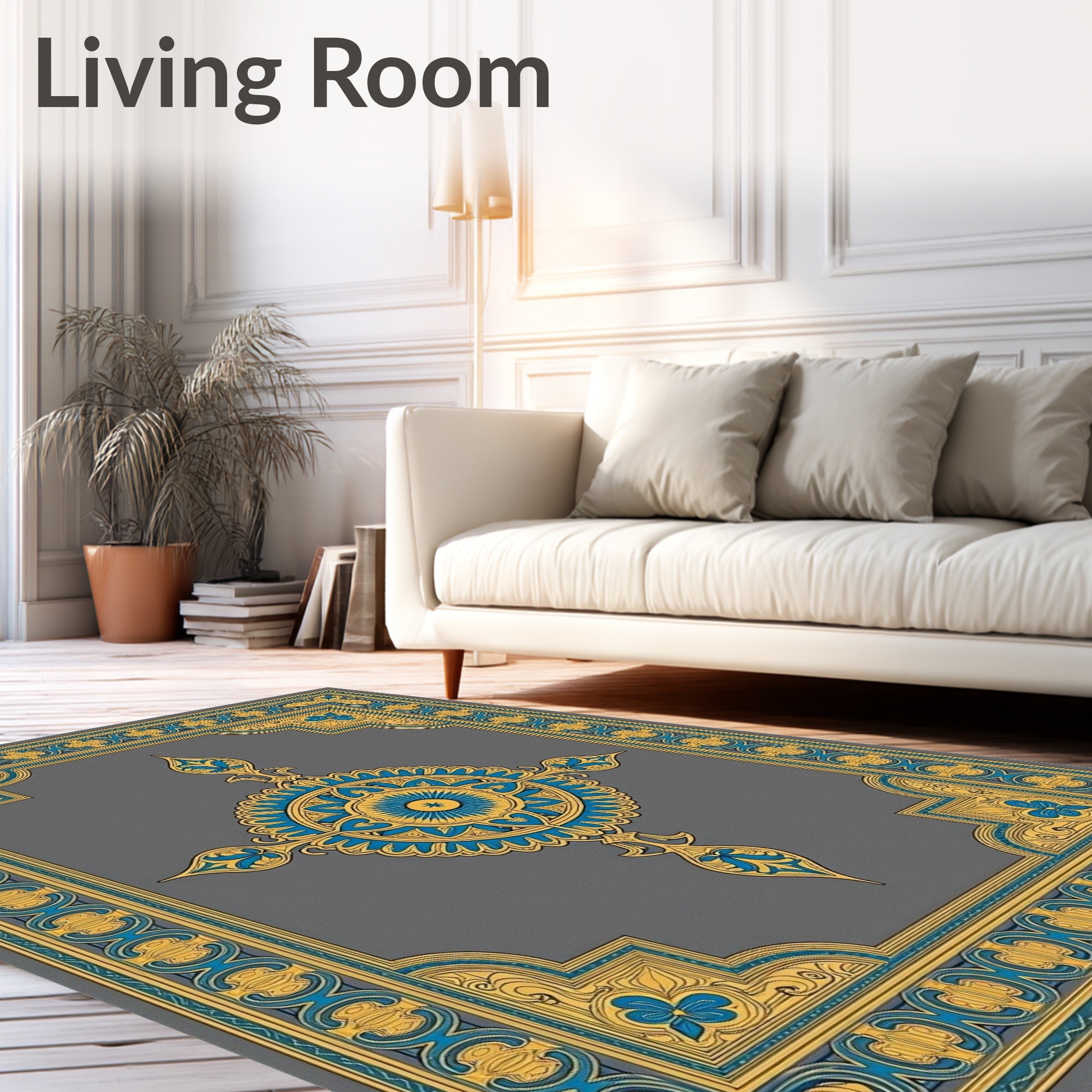 Golden Blue Floral Medallion Frame Rug