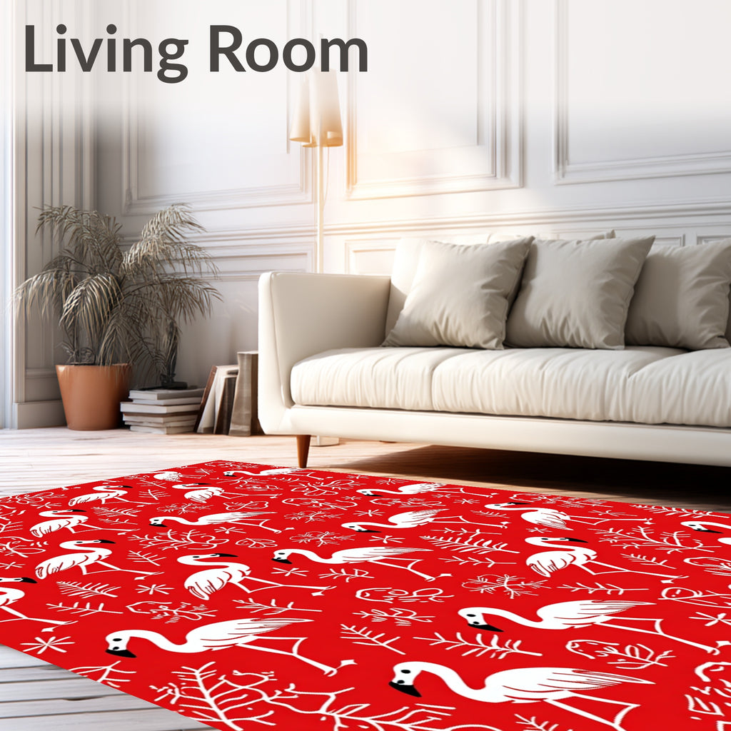 Whimsical Flamingo Branches Red Background Rug