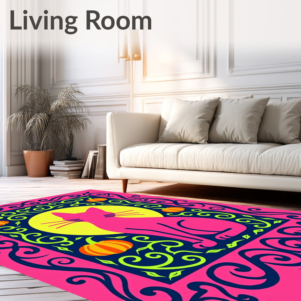 Pink Cat Pumpkin Floral Border Rug