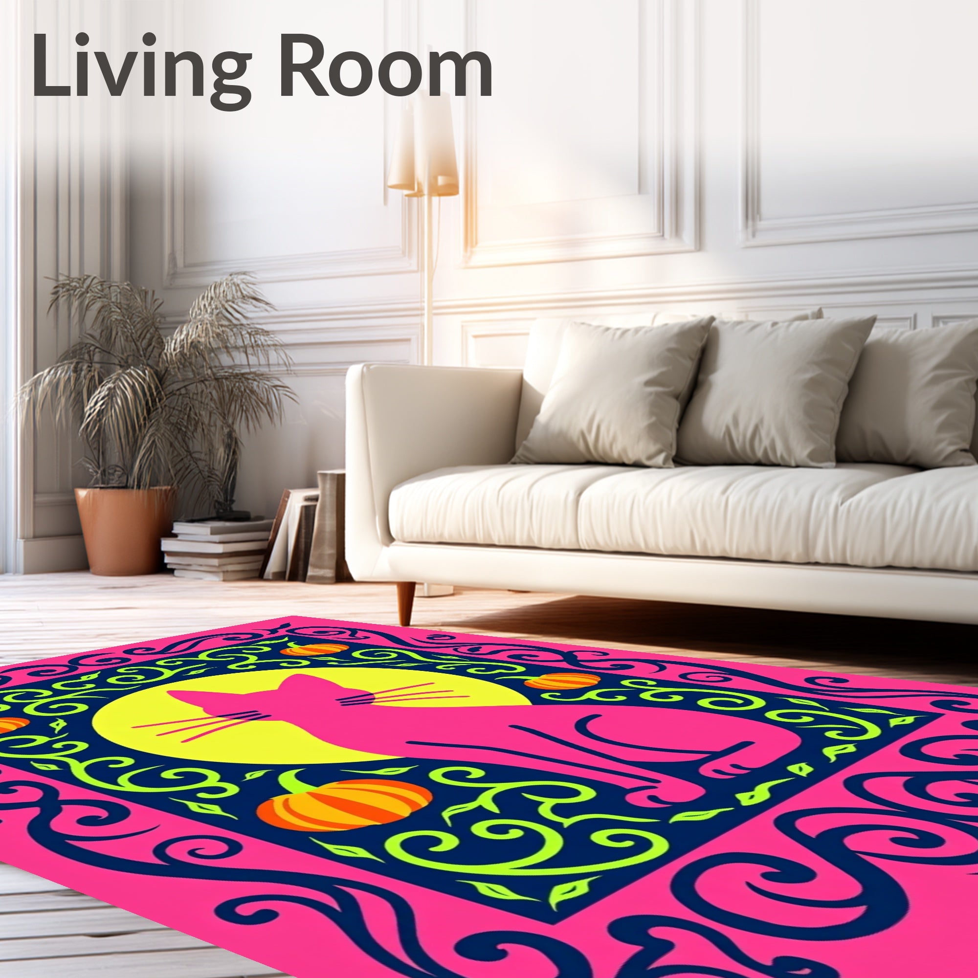 Pink Cat Pumpkin Floral Border Rug