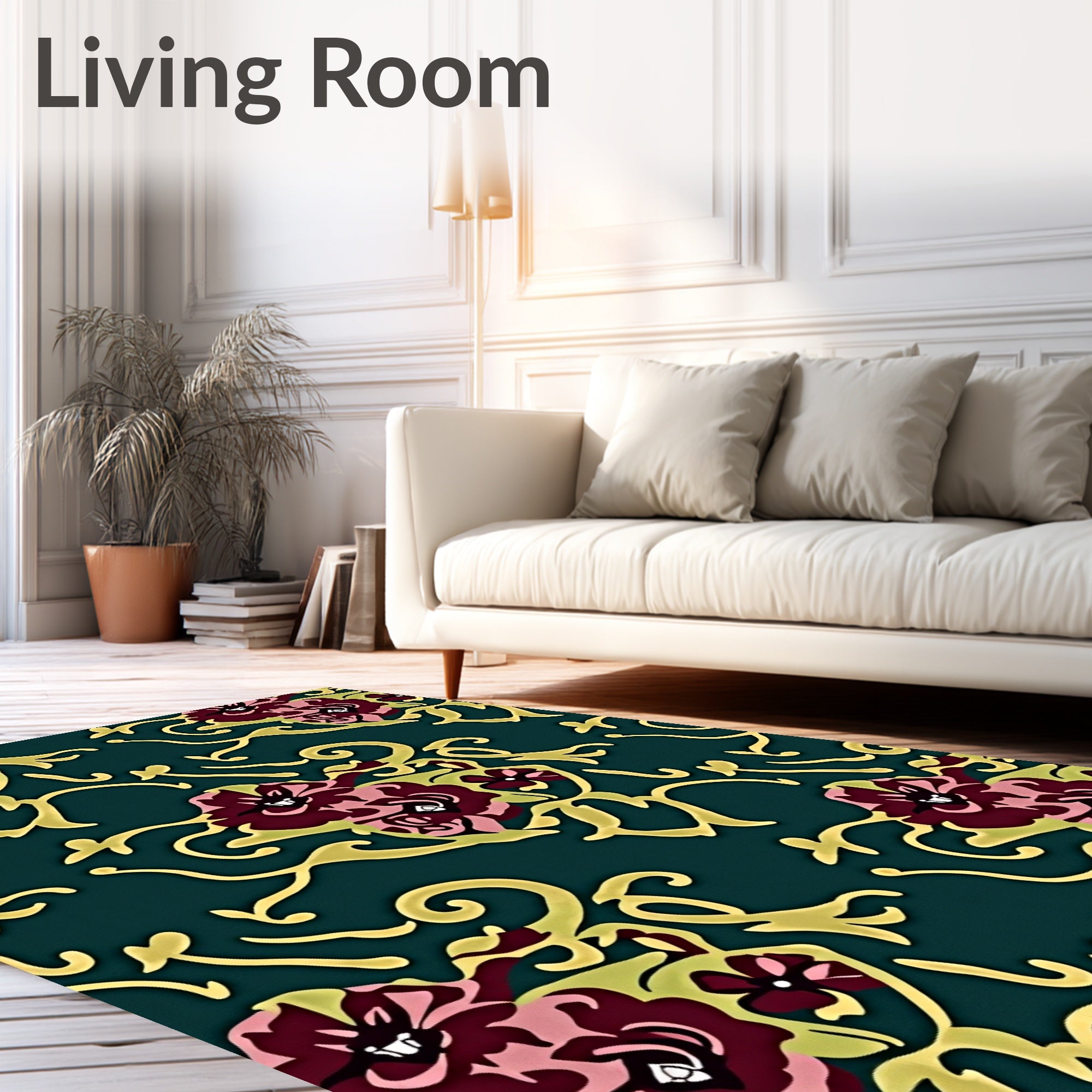 Deep Teal Floral Scrollwork Artwork Rug