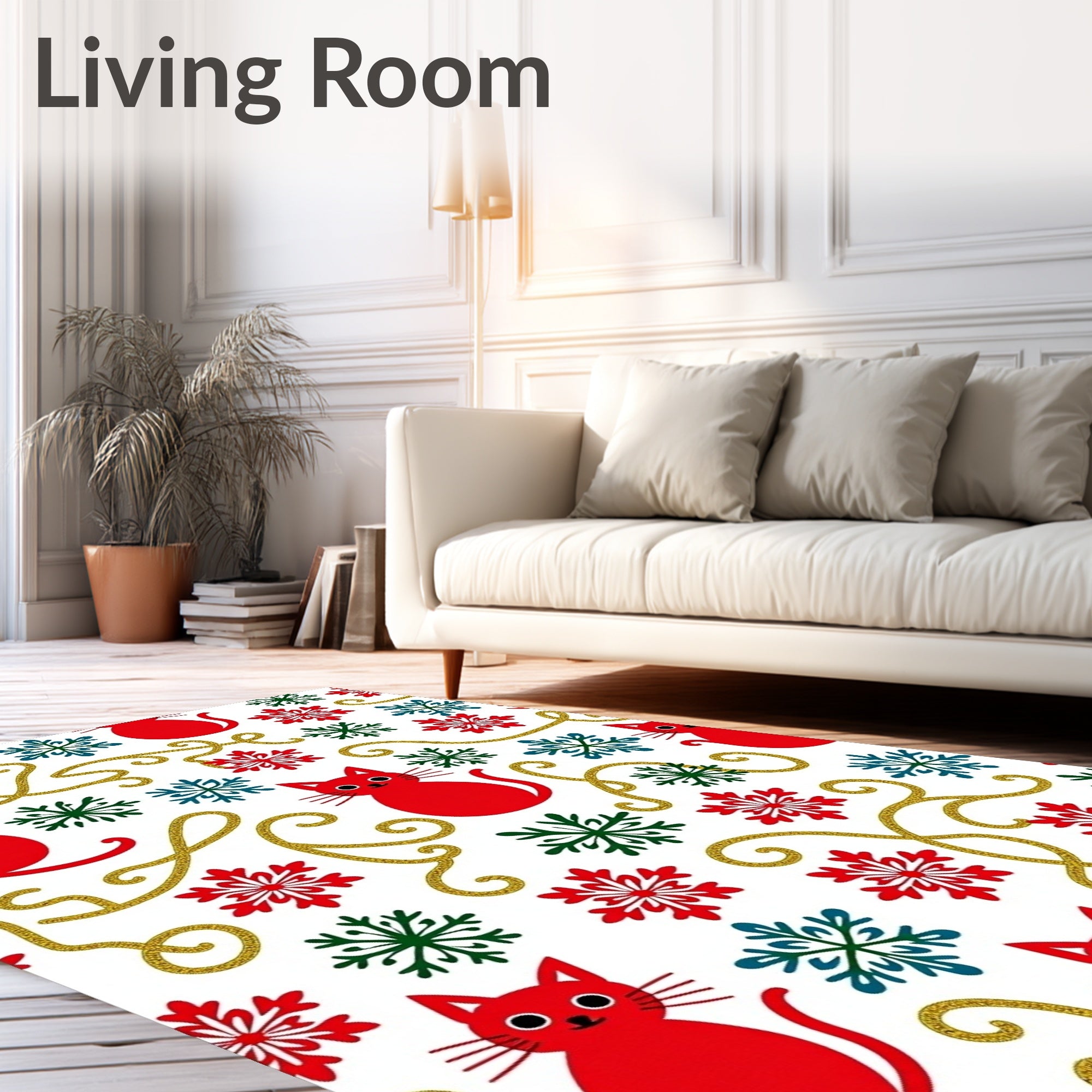 Red Cats Snowflakes Glittering Curls Rug