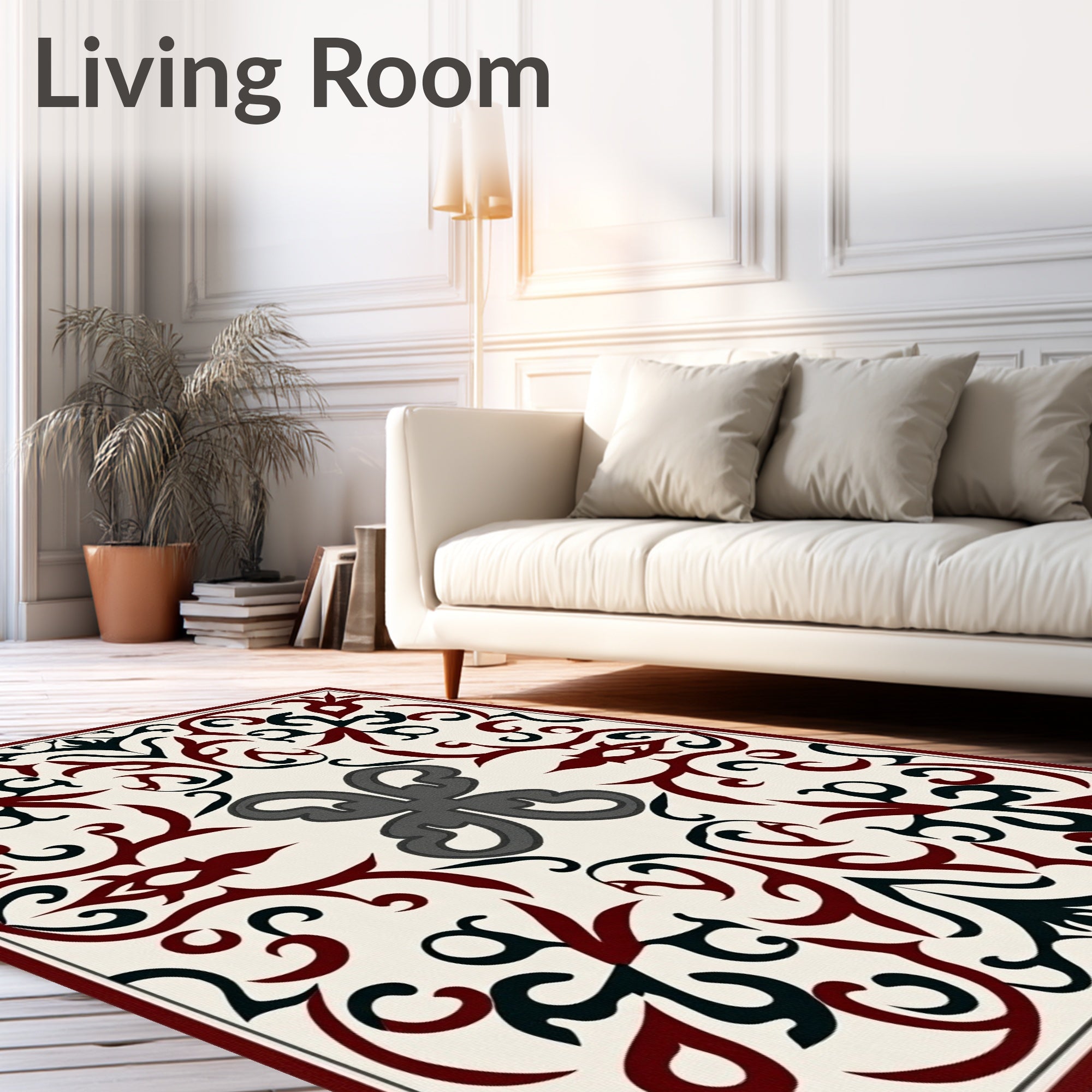 Ornate Crimson Black Filigree Square Rug