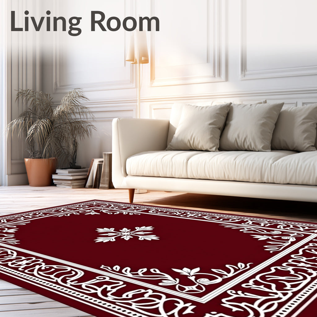 Deep Red White Floral Border Rug