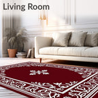 Deep Red White Floral Border Rug