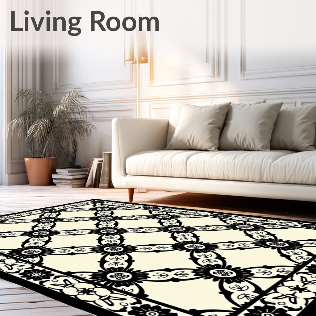 Intricate Black Cream Floral Lattice Rug