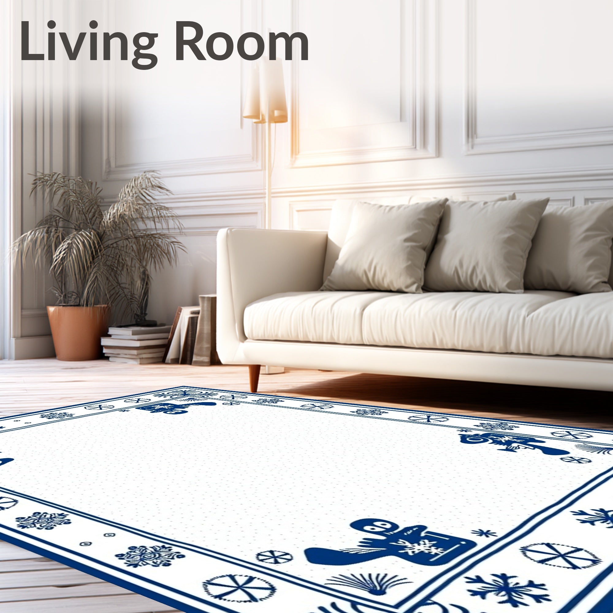 Whimsical Blue Snowflake Creatures Border Rug