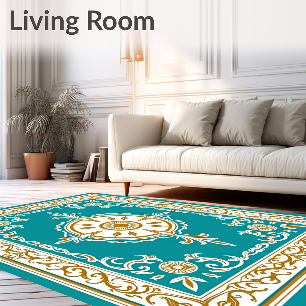 Ornate Teal and Gold Sunburst Medallion Rug