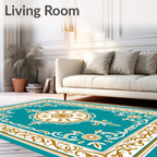 Ornate Teal and Gold Sunburst Medallion Rug