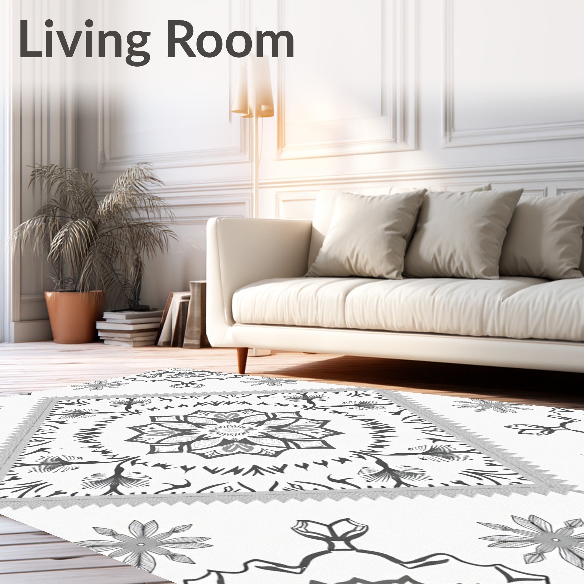 Monochromatic Gray Floral Mandala Diamond Rug
