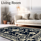 Elegant Cream Floral Scrollwork Navy Rug