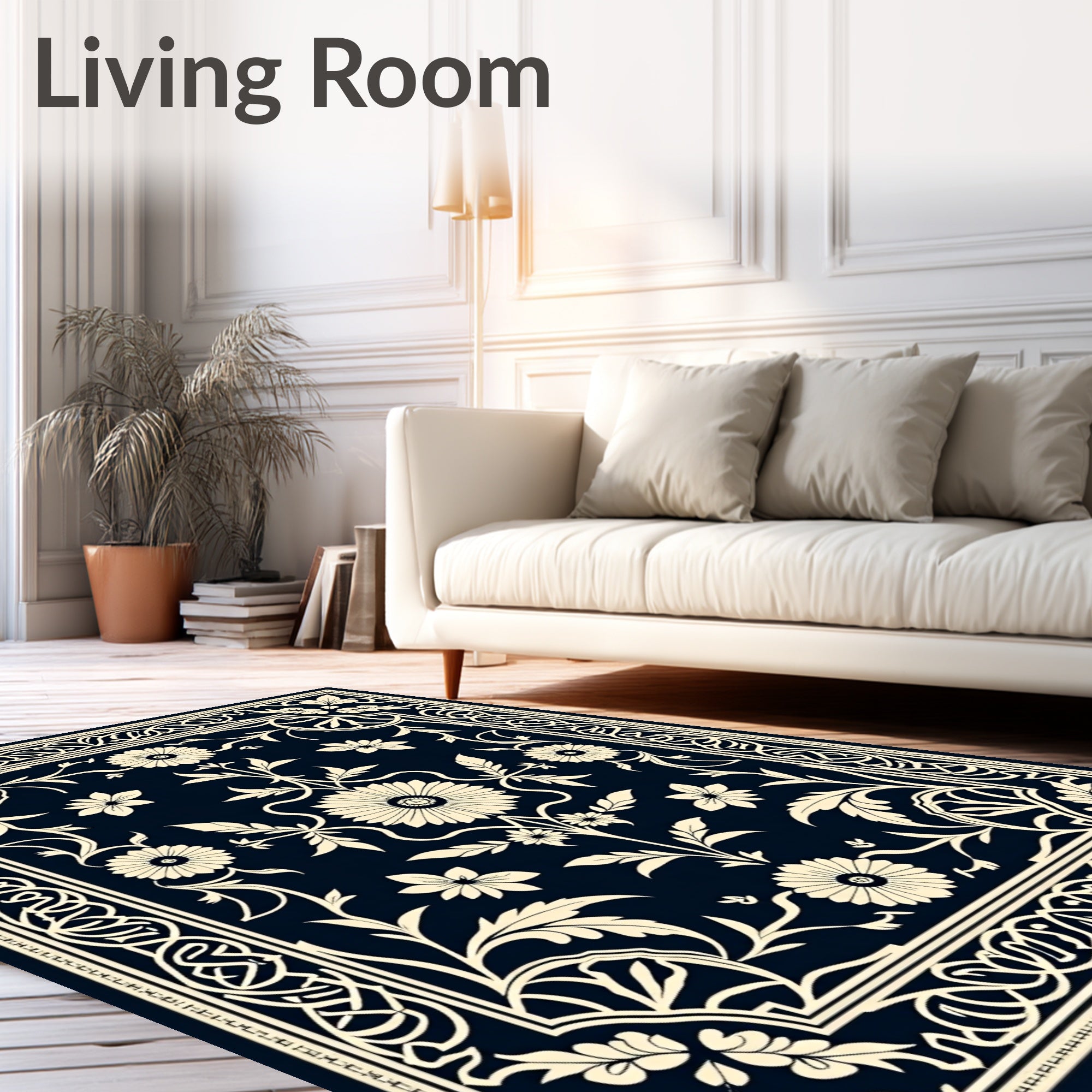 Elegant Cream Floral Scrollwork Navy Rug