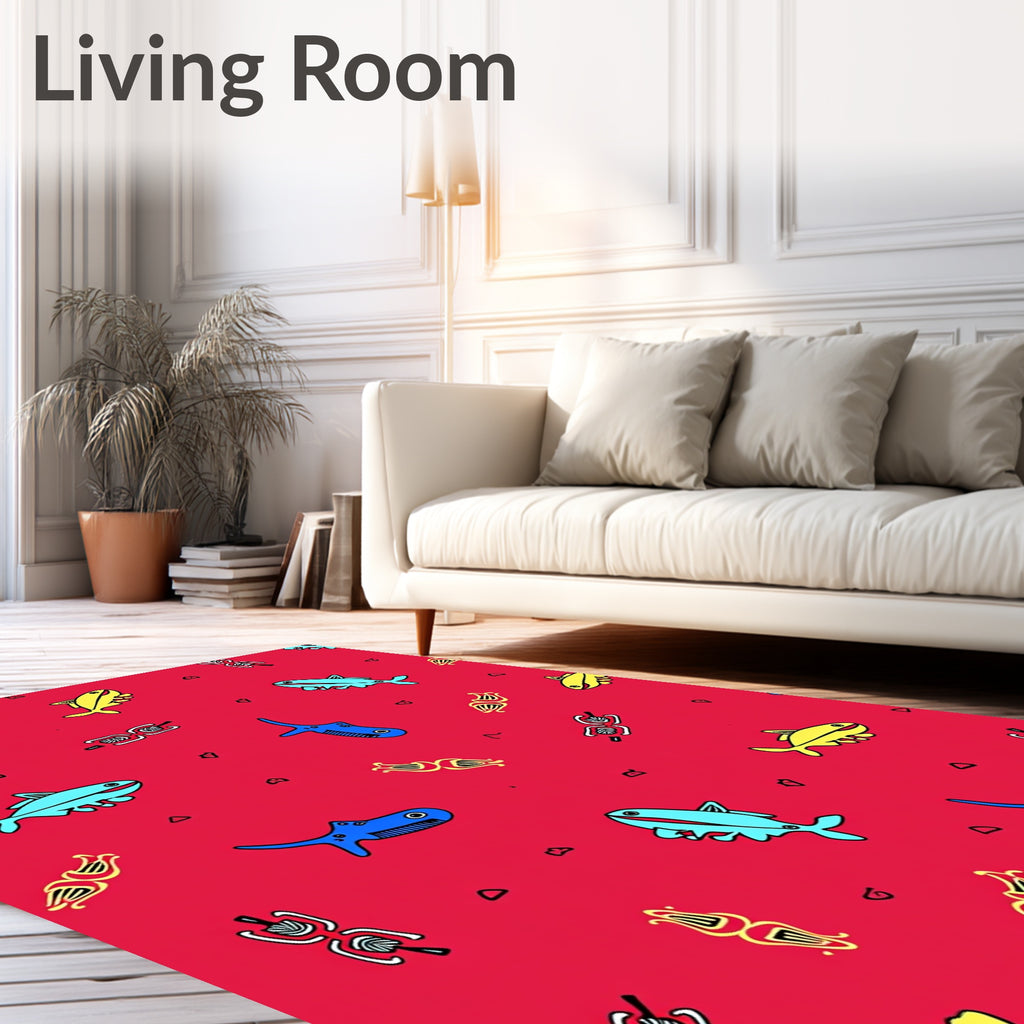 Vibrant Whimsical Fish Blue Yellow Red Rug
