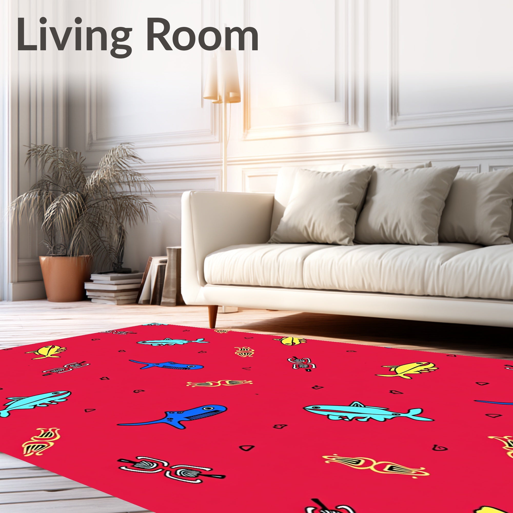 Vibrant Whimsical Fish Blue Yellow Red Rug