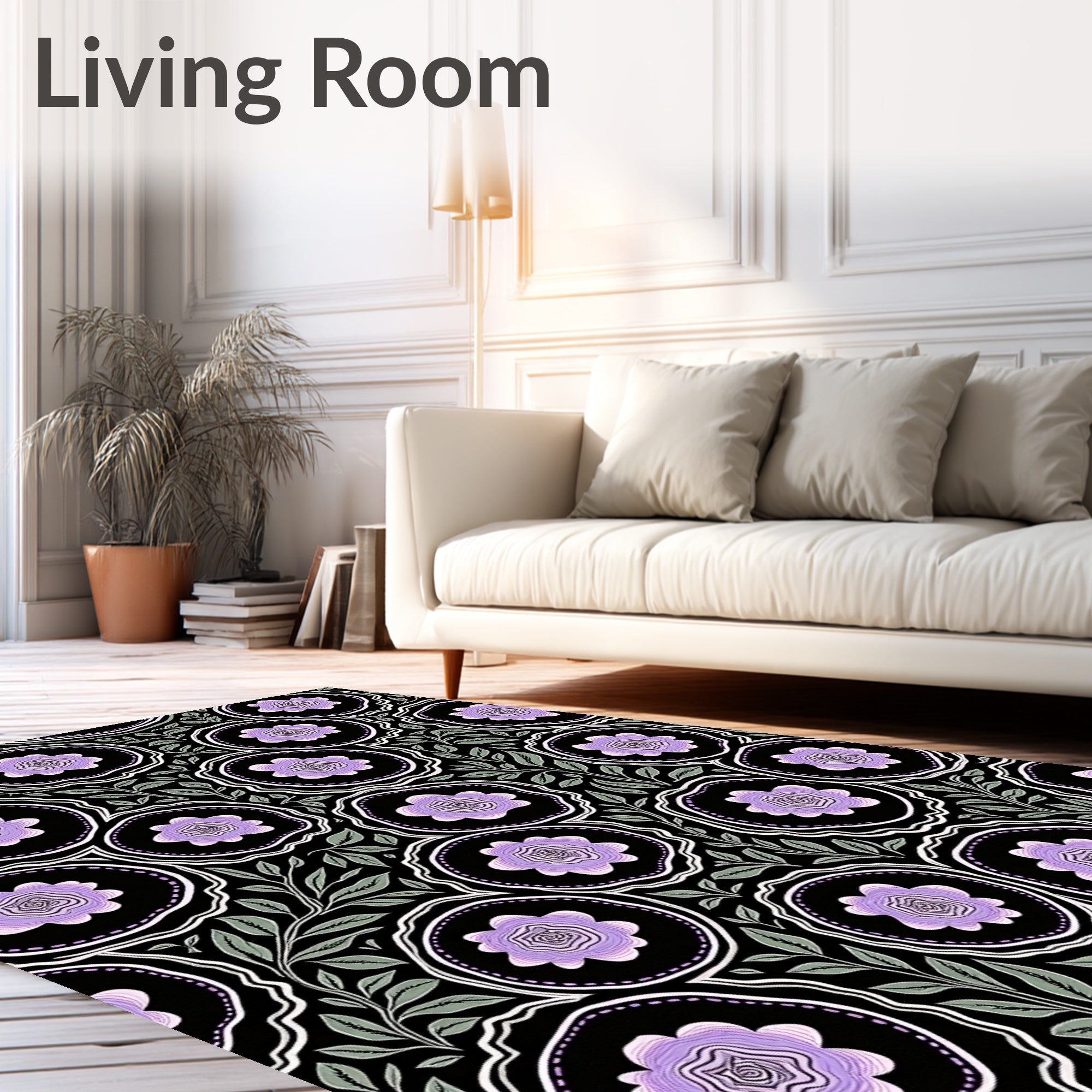 Purple Lavender Scrolled Floral Accents Rug