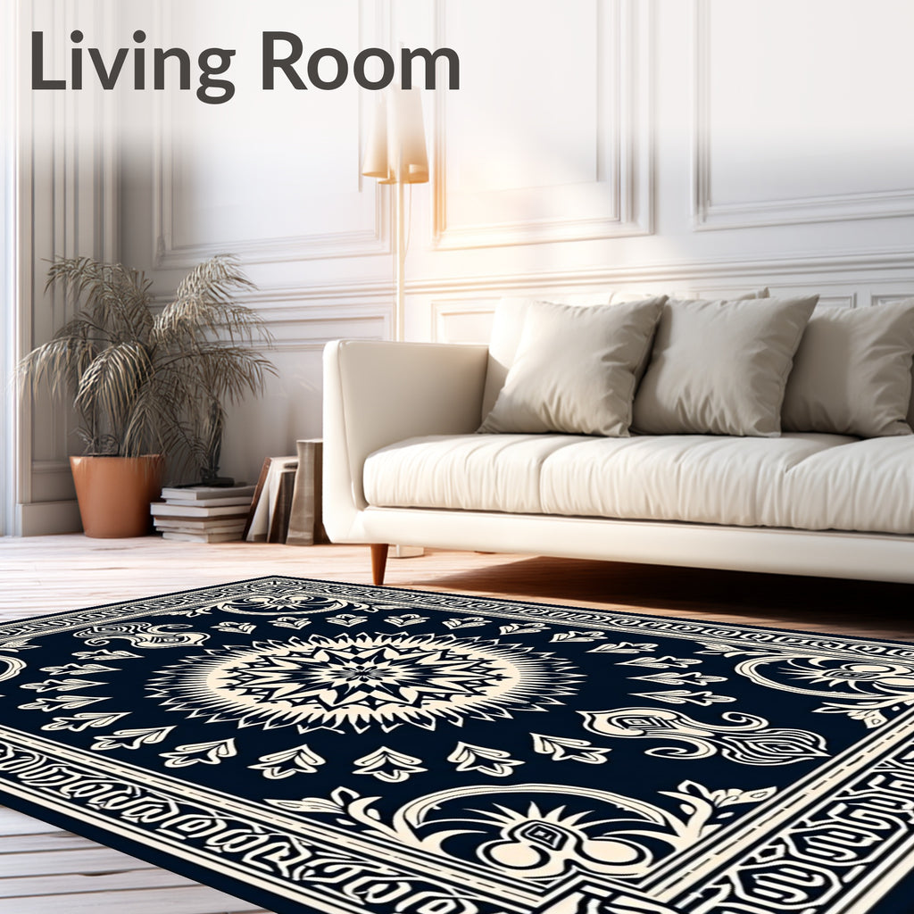 Dark Navy Cream Geometric Floral Medallion Rug
