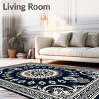 Dark Navy Cream Geometric Floral Medallion Rug