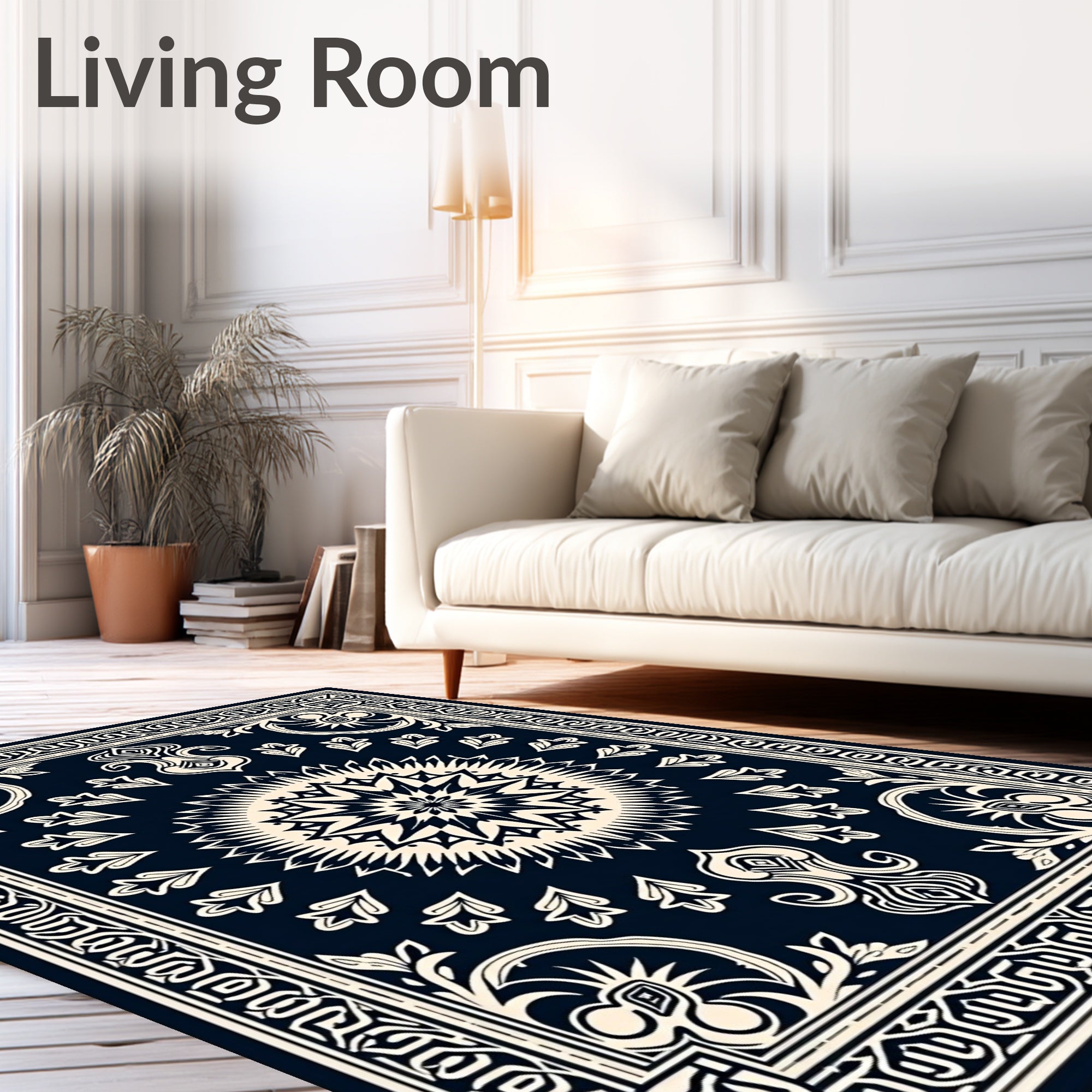 Dark Navy Cream Geometric Floral Medallion Rug